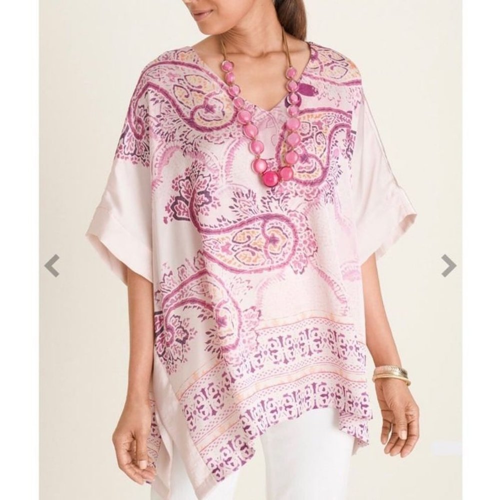 Chicos Flowy Lightweight Poncho Pink Paisley Solid Border Printed S/M